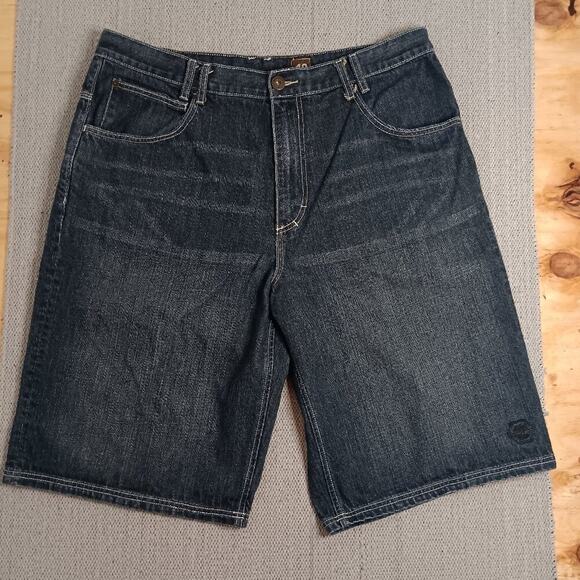 Timberland Denim Shorts Mens 39 Dark Wash Whiskered Baggy Y2K Embroidered - Picture 4 of 14